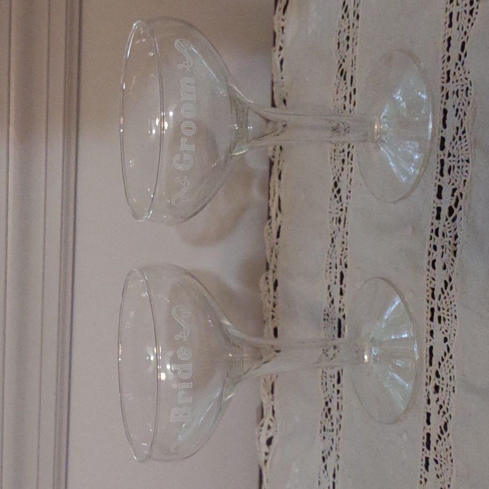 1970s Bride & Groom wedding toast glasses